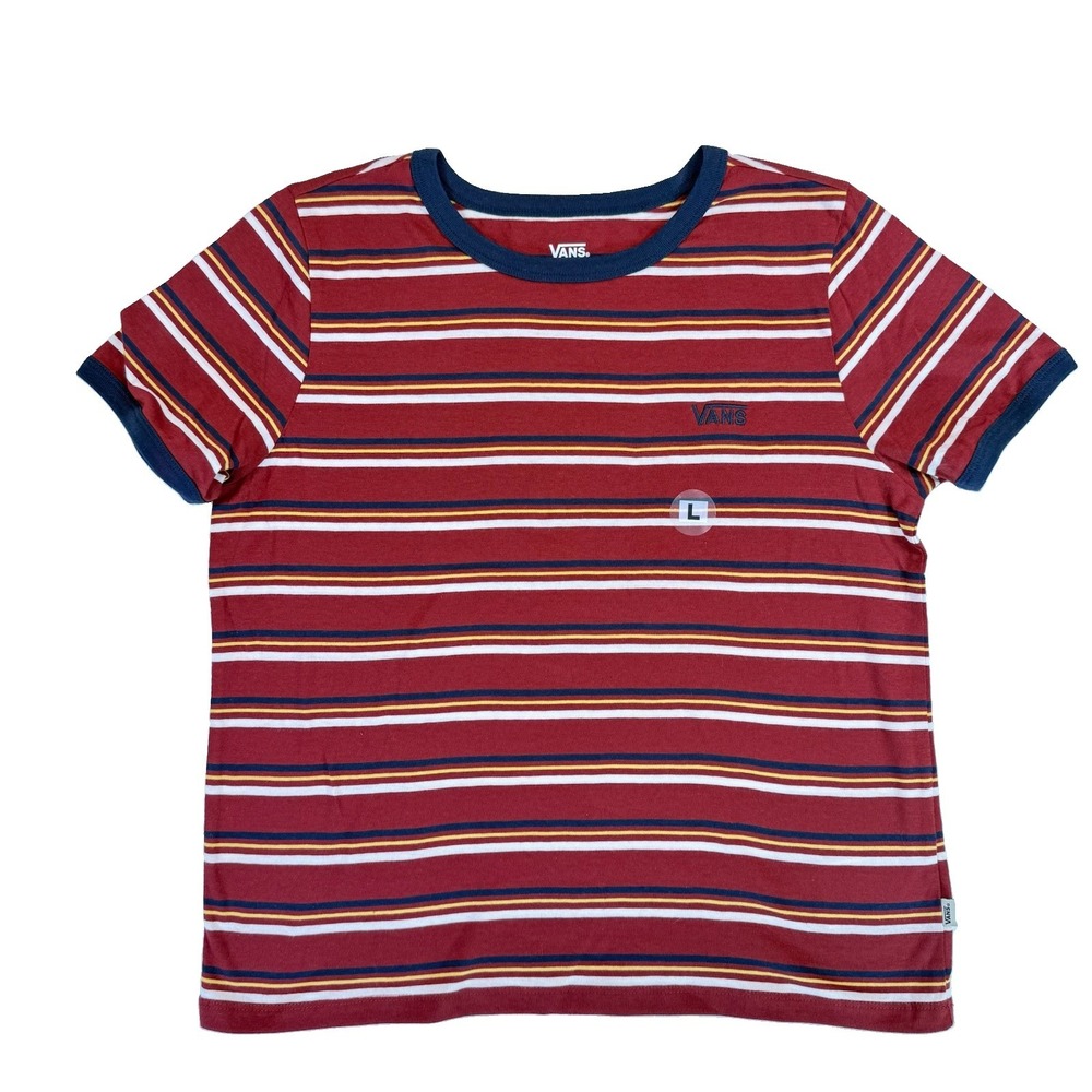 Vans Womens Large Red Striped Ringer T Shirt Embroidered Logo Skate Y2K NWOT